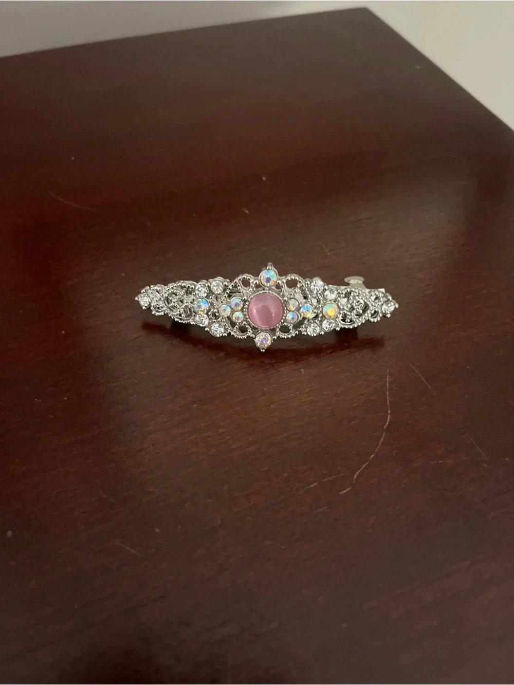 Silver Filigree Rhinestone Hair Barrette with Pink Center